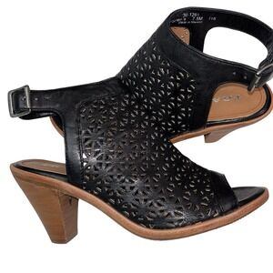 New Block Heel Leather Sandals Trask Womens 7.5 Black Leather Laser Cut NWOT
